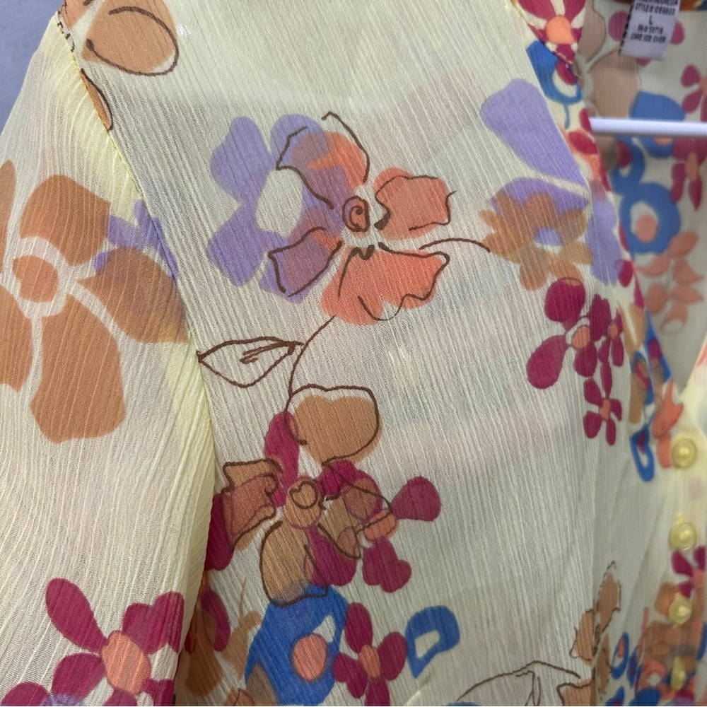 Notations yellow, orange, blue and purple floral button down sheer top - Picture 5 of 6
